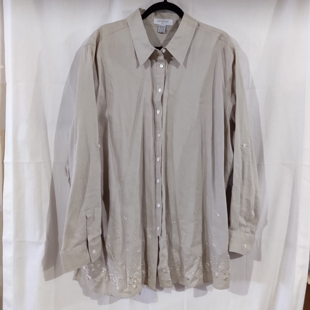 Paraphrase Beige Embroidered Linen Button Down Shirt  Long Sleeve Collared  Size